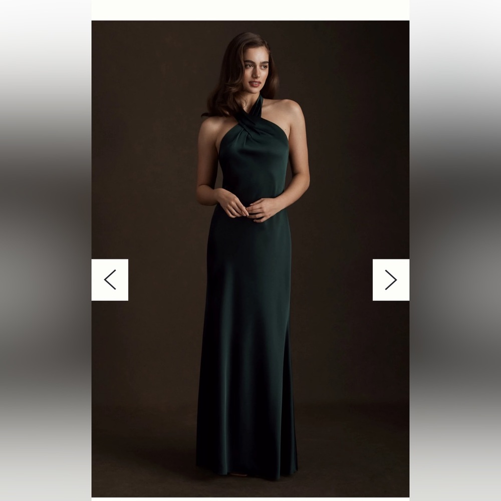 BHLDN ruby satin charmeuse dress in “dark emerald”. Worn once as a bridesmaid.